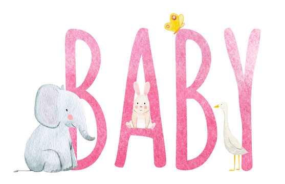 Watercolor baby word illustration