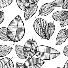 Vector seamless outline leaves pattern. Black and white background made with watercolor, ink and marker. Trendy scandinavian design concept for fashion textile print. Nature illustration. - obrazy, fototapety, plakaty
