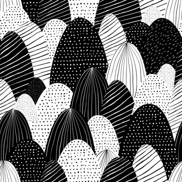 Vector seamless doodle background with abstract textured mountains. Creative nature illustration. Hand drawn black white landscape.