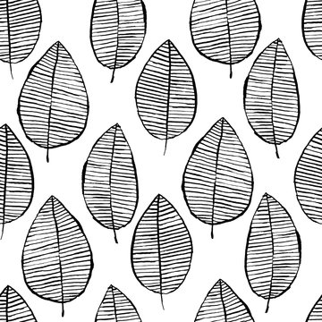 Fototapeta Vector seamless pattern with watercolor hand drawn leaves. Black and white outline background. Trendy scandinavian design concept for fashion textile print. Nature illustration.