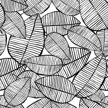 Fototapeta Vector seamless leaf pattern. Black and white background made with watercolor, ink and marker. Trendy scandinavian design concept for fashion textile print. Nature illustration.