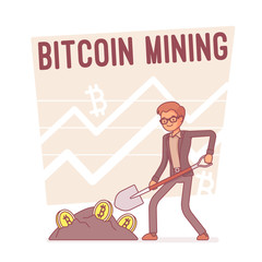 Bitcoin mining. Lineart concept illustration