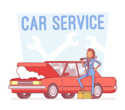 Car service center. Lineart concept illustration