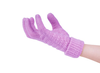 Light pink knitted hand glove wore by left lady dark yellow hand, tilted bend fist gesture, with white background isolated