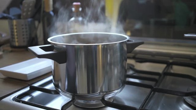 Professional or self learnt chef or cook sprinkles salt into boiling water of fresh organic ingridients filled soup, in big silver pot on top of gas stove in industrial kitchen, home recipe