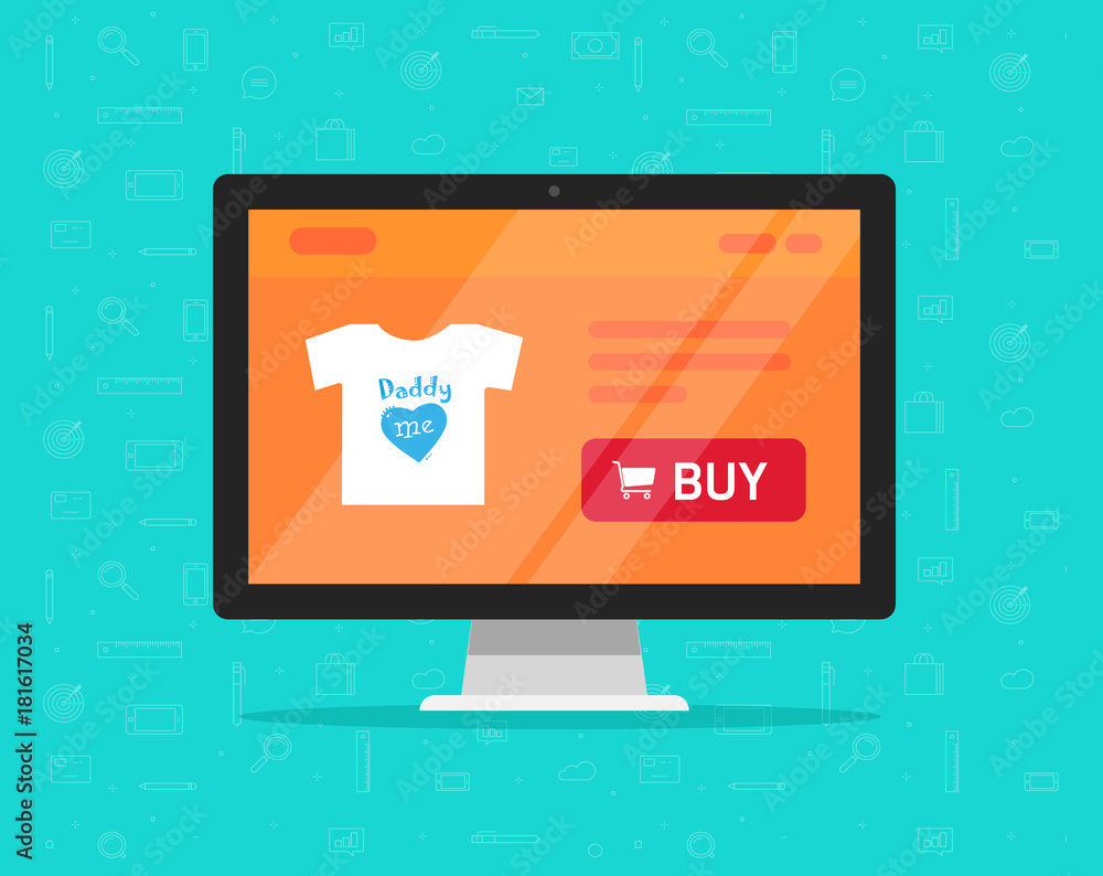 Poster online store on computer vector illustration, flat cartoon style of desktop pc display with internet