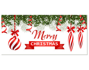 New Year Christmas. Flyer, business cards, postcards. Striped balls and candles. Green branches of trees in the snow. A ribbon with an inscription. illustration