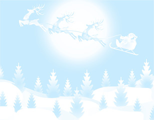New Year Christmas. An image of Santa Claus and a deer. Winter forest on the eve of the New Year. Snow, moon, stars, Christmas trees. illustration