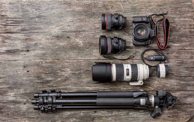 Photographic equipment on an old board