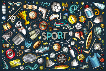 Doodle cartoon set of Sport objects and symbols