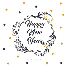 Merry Christmas and Happy New Year in wreath. Vector illustration.