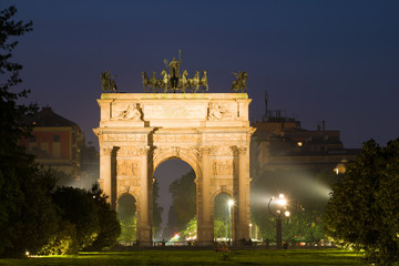 Fototapeta na wymiar Triumphal Arch (Porta Sempione) in the Night Scenery. Milan