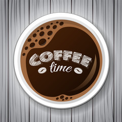 Coffee cup - top view with vintage wooden background. Vector.