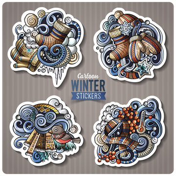 Set of Winter season cartoon stickers