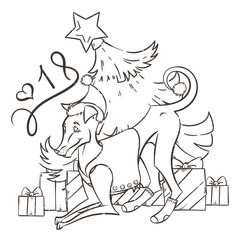 Yellow dog for New Year 2018, cute symbol of horoscope. Cute puppy in cartoon doodle style.