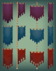 Set of aged medieval banners with wooden poles. Eps10 vector.