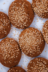 Oatmeal cookies with sesame seeds. Clous-up
