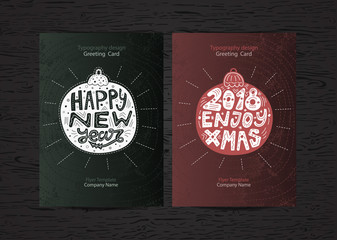 Set Christmas Holiday Greeting card design 2018. New Year Flyer template on a wooden background. Christmas ball, typography, retro poster, lettering. EPS file is layered.