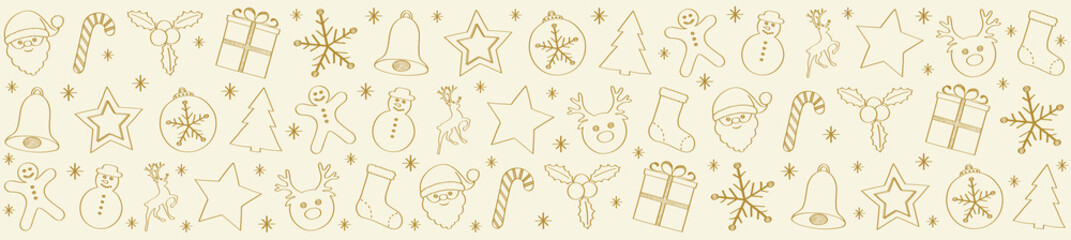Obraz premium Banner with golden hand drawn icons - Christmas decoration. Vector.