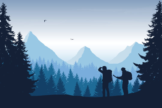 Vector illustration of a mountain landscape with a forest and two tourists, man and woman with backpacks showing his hand and looking into the distance