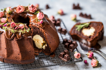 chocolate cupcake stuffed with cream cheese, thyme