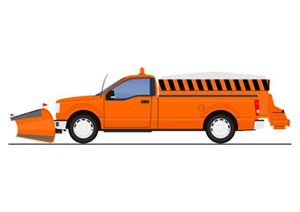 Cartoon snow plow and salt spreader. Flat vector.