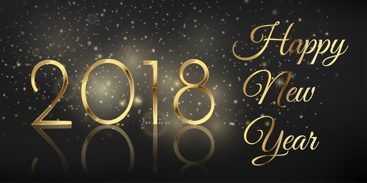 Happy new year 2018 beautiful gold modern illustration. Trendy premium banner with ligthing flares and bokeh, eps10