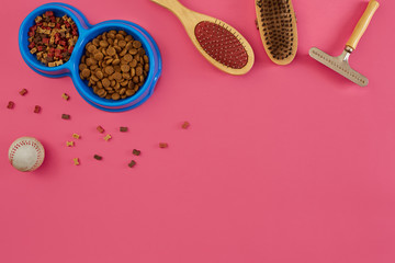 Accessories for the grooming of the dog. Combs and brushes for dogs. Top view