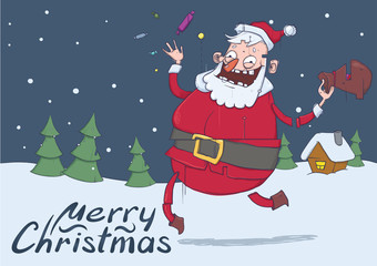 Christmas card of funny Santa Claus. Santa brings gifts and throws candies in the air. Christmas trees, snowy weather. Horizontal vector illustration. Cartoon character with lettering. Copy space.