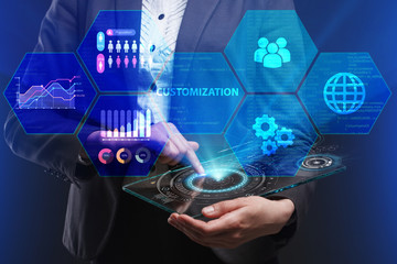 The concept of business, technology, the Internet and the network. A young entrepreneur working on a virtual screen of the future and sees the inscription: Customization