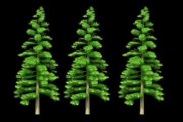 Beautiful christmas trees isolated on a black background. 3d illustration