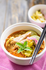 Northern Thai food (Khao soi), curry noodles soup with chicken