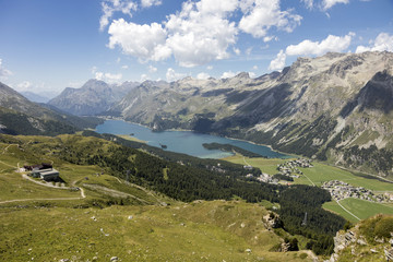 Fototapeta premium Valley of the beautiful Engadin with lake Lej da Segl, Graubunden, Switzerland