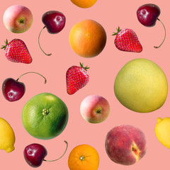 Seamless pattern with different fruits: lemon, cherry, grapefruit, orange, apple, strawberry