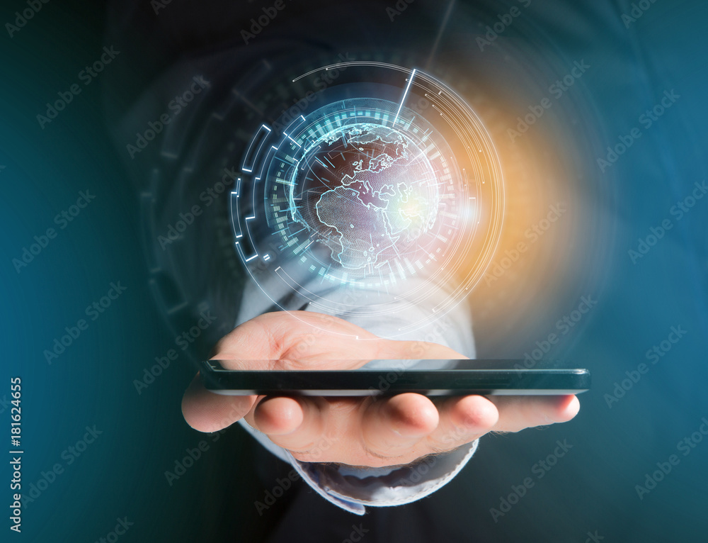 Poster international globe communication displayed on a futuristic interface - business and technology conn