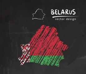 Belarus map with flag inside on the blackboard. Chalk sketch vector illustration
