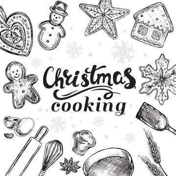 hand drawn sketch illustration christmas cooking