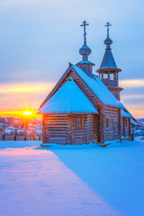Small russian church at sunset in winter