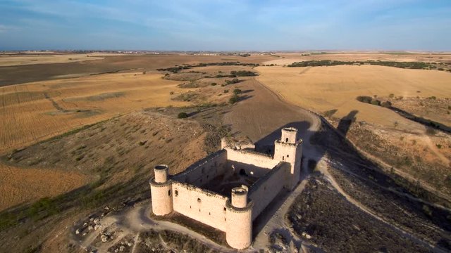 Toledo. Aerial view of spanish castle in Barcience. Spain. 4k Drone Video