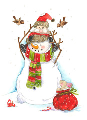 Watercolor illustration with grandfather Santa Claus, rabbit, little bird and snowman. Christmas child illustration. Happy new Year.