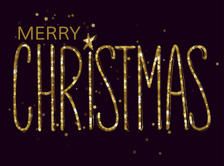 Fototapeta na wymiar Merry Christmas gold glittering text. Vector lettering design. 