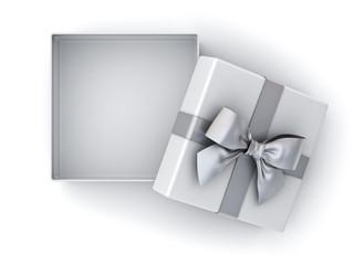 Open gift box , Christmas present box silver ribbon bow and empty space in the box isolated on white background with shadow . 3D rendering.