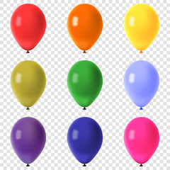 Collection of colorful flying balloons isolated on transparent background, vector illustration