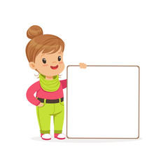 Lovely girl character standing with white empty message board, kid with placard vector Illustration