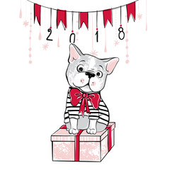 Merry Christmas illustration with funny dog. Hand drawn vector f