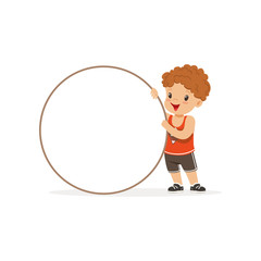 Sweet redhead boy character standing with white circle empty message board, kid with placard vector Illustration