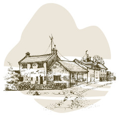 Hand drawn English cottage, townhouse urban sketch