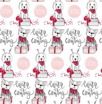 Holidays seamless pattern with funny dog. Happy new year pets. M