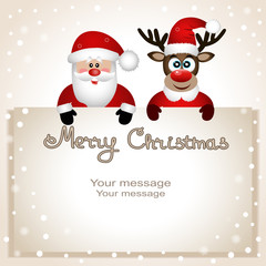Fototapeta na wymiar Postcard with Christmas reindeer and Santa.