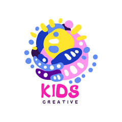 Kids creative logo design, colorful hand drawn badges for kids club, center, school, art studio, toys shop and any other childrens projects vector illustration